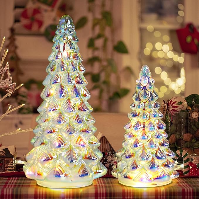 VCUTEKA Small Tabletop Christmas Tree with Light White Mercury Glass Christmas Tree Battery Operated Mini Xmas Tree for Fireplace Bathroom Table Xmas Holiday Decor 8" 12", Set of 2
