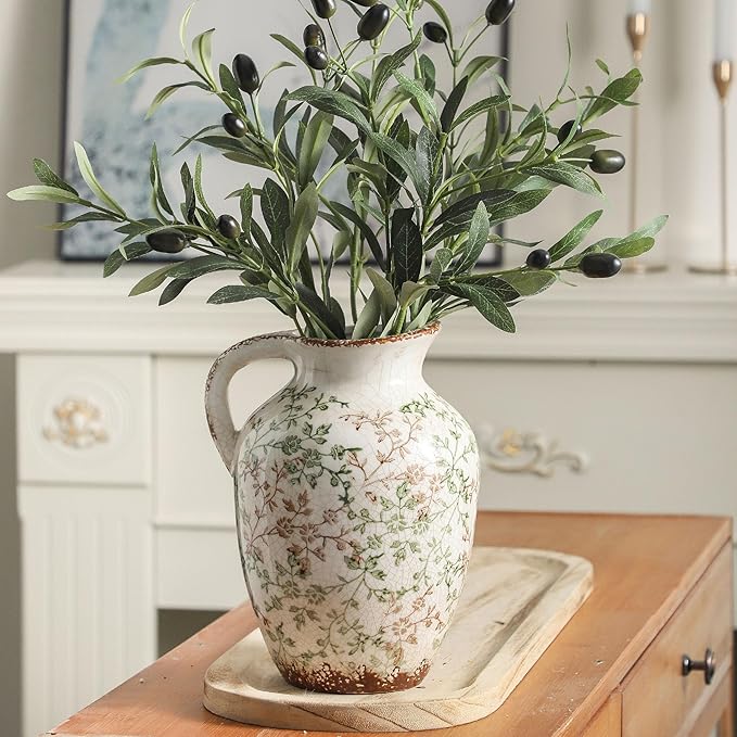 Enra Vintage Pitcher,Ceramic Chinoiserie Floral Vase,Green and Beige Decorative Flower vase,Large Rustic Vases for Home Decors, Living Room, Bookshelf, Office，9.7 inch