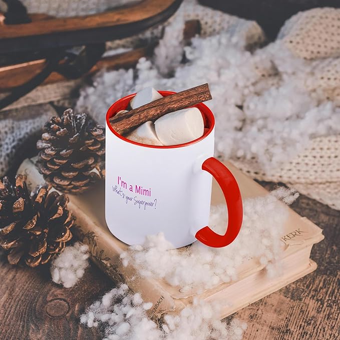3dRose Im a Mimi. Whats your Superpower - hot pink - funny gift for grandma 15oz Two-Tone Red Mug