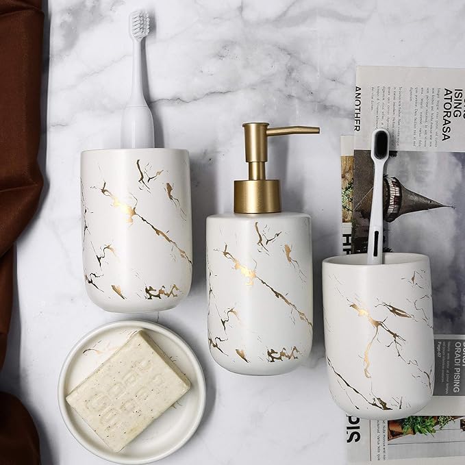 White Marble Ceramic Bathroom Set (4-Piece) - Elegant Soap Dish, Gold Pump Dispenser & Tumblers for Vanity, Sink & Bathroom Decor
