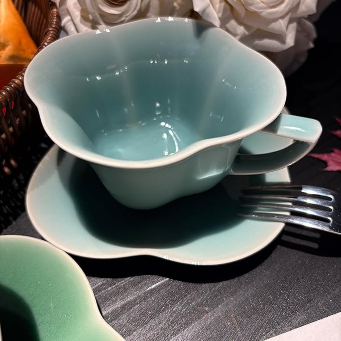 Ceramic Lotus Flower Cup and Saucer Set, Glazed Finish, Tea Cup with Matching Saucer, Green and Teal (Sky blue glaze)