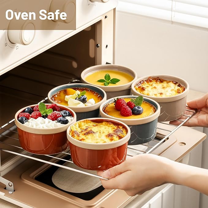 Ramekins 8 Oz Oven Safe, Ceramic Creme Brulee Souffle Dishes, Pudding Custard Cups Ramekin For Baking, Small Dipping Sauce Bowls, Set of 6, Microwave and Dishwasher Safe (Artisan Colors)