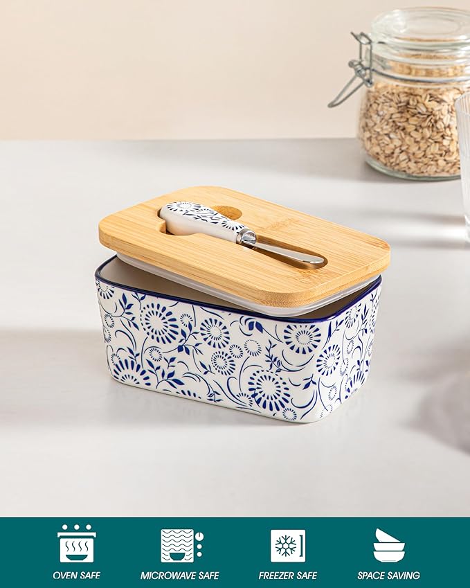 vancasso SELENE Butter Dish with Lid, 6.5" Large Butter Dish for Countertop, Ceramic Butter Keeper Container with Knife and Bamboo Lid, Floral Bloom Pattern