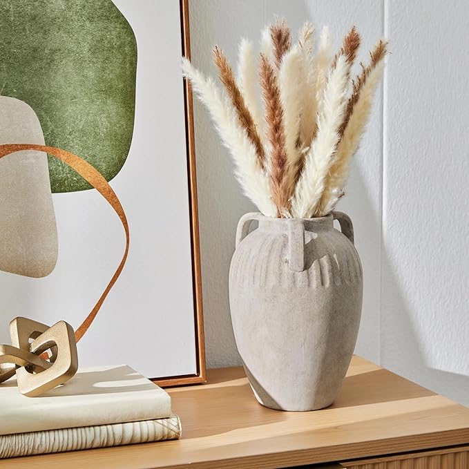 Three Handled Ceramic Vase, 10 Inch Ivory Tabletop Flower Vase for Home Decor, Modern Sculptural Centerpiece with Unique Triple Handles for Living Room Shelf Entryway