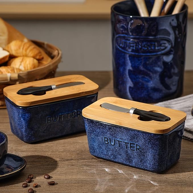 Vicrays Porcelain Airtight Lid Butter Container with Knife - Large Blue Butter Keeper Crock for Countertop