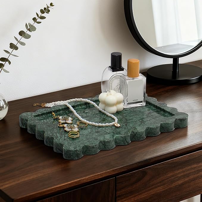 Real Natural Marble Tray, Luxury Scalloped Vanity Decorative Tray, Genuine Indian Green Stone Tray for Bathroom Dresser, Home Decor, Kitchen Storage, Non-Resin/Ceramic, 10.6" x 8", Green