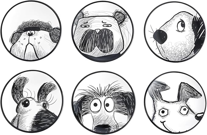Bico Doodle Pawtrait Appetizer Plates Set of 6, 6 Inch Small Ceramic Dessert Plates for Snacks, Salad, Tablescape, Microwave and Dishwasher Safe, Gift for Housewarming and Thanksgiving