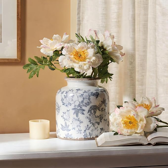 Gray Peach Blossom Chinoiserie Vase, 6.2” Crackle Glaze Ceramic Vase, Hand-Painted Vintage Floral Vase with Distressed Rim, Antique Style Decor for Bookshelf, Tabletop (Gray, 6.2”)