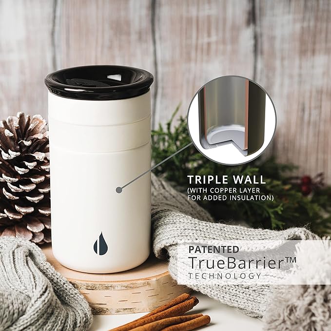 Elemental Personalized Artisan Insulated Tumbler, Triple Wall Coffee Travel Tumbler, Reusable Stainless Steel Coffee Tumbler with Ceramic Lid, Thermal Coffee Cup for Hot & Cold, 12oz - Matte White