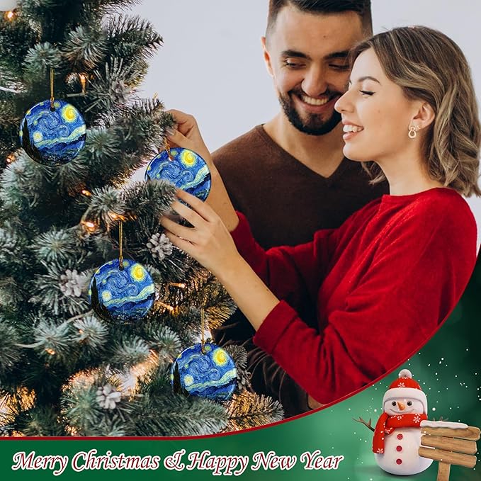 Starry Night Style Ceramic Christmas Ornaments – Artistic Blue Holiday Decor for Tree, Famous Painting Inspired Art Ornament, Elegant Artist Gift