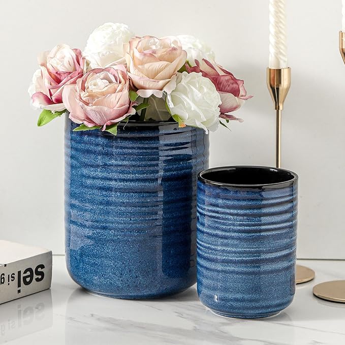 HASENSE Utensil Holder, 7.4" Large Utensil Holder for Kitchen Counter, Ceramic Utensil Organizer for Utensil Set, Modern Kitchen Utensil Crock for Countertop Decor, Blue