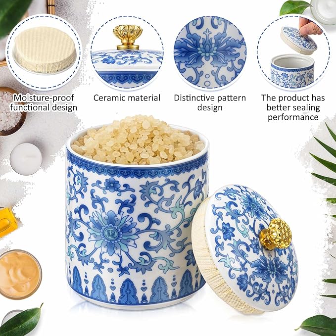 2 Pcs Vintage Blue and White Porcelain Salt Cellar with Lid Ceramic Salt Holder Container for Countertop Coffee, Sugar, Spices and Candies, Airtight Spice Jar, Kitchen Storage Dish