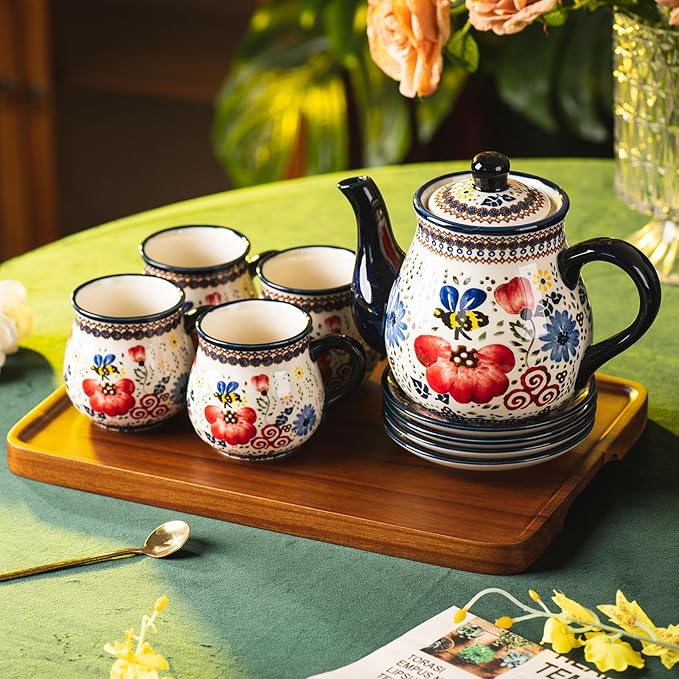 polish pottery style porcelain ceramic 10 piece Tea set,7.2oz tea cup and sauce set of 4,28.2oz teapot and 1wooden tray (Honey Bee Flower)