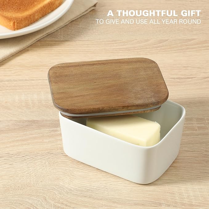 Gibson Home Bristlewood Rectangular Ceramic Butter Keeper with Acacia Wood Lid, Modern Farmhouse Butter Dish, Glazed Stoneware Storage for Kitchen Countertop or Table
