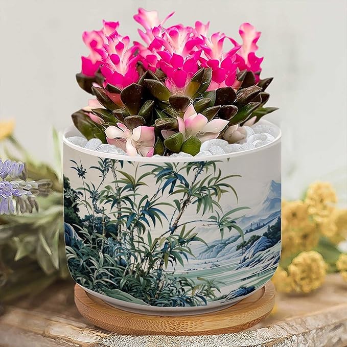 Blue Green and White Asian Scenery Small Ceramics Plant Pot Set of 1 Green Bamboo and Flower Ceramics Pots for Plants with Drainage and Bamboo Tray Oriental Chinoiserie Houseplant Pot