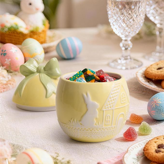 Easter Bunny Cookie Jar with Lid, Yellow Egg Candy Jar, Embossment Bunny Decorative Ceramic Storage Container Jar, Yellow Easter Bunny Egg Decorations for Home Kitchen Indoor Best Easter Gift