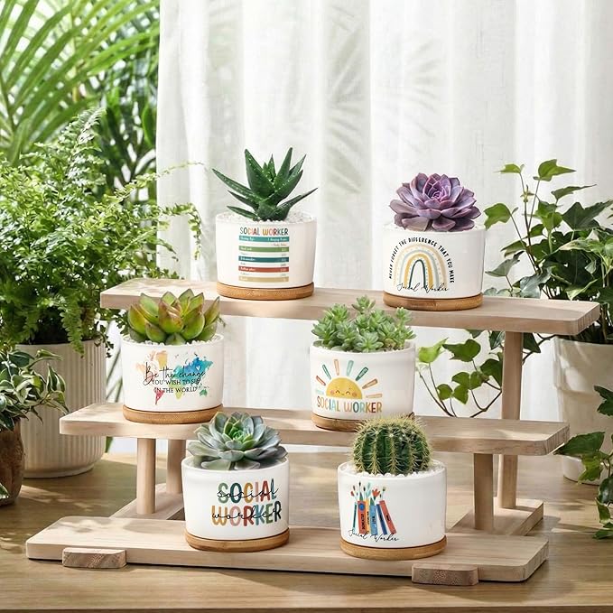 Sieral 12 Pcs Thank You Employee Appreciation Gift Succulent Pots Social Worker Gift Ceramic Plant Pot with Bamboo Tray Succulent Planter for Coworker Teacher, Plants Excluded (Social Worker)
