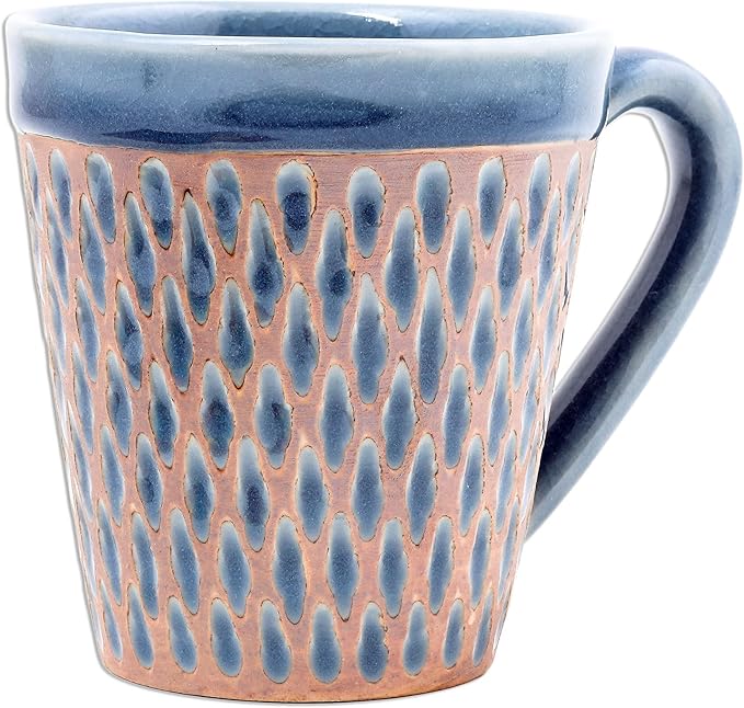 NOVICA Artisan Handcrafted Celadon Ceramic Mug Blue Incised Brown Thailand Tableware Dinnerware Mugs Cups [cups 3.9in H x 5.25in W x 3.7in D 10 Oz.] ' Ginger Blue Honeycomb'