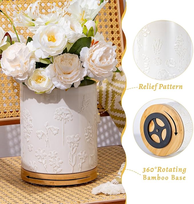 TEATALK Ceramic Utensil Holder Set, 360° Rotating Organizer for Countertop, Farmhouse Vintage Style, Large and Small Crocks in White Garden Pattern，7.7"+5.7"