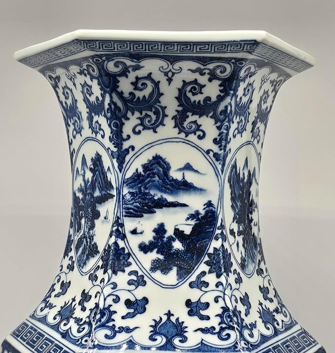 25" Classic Blue and White Hexagonal Lotus Porcelain Vase, Ceramic Vase Jingdezhen, China Qing Style （D9）