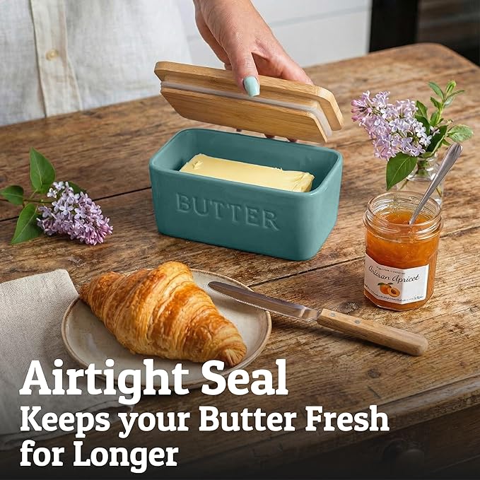 PriorityChef Extra Large Butter Dish with Lid for Countertop, Ceramic Butter Container With Airtight Cover, Butter Keeper for Counter or Fridge, Butter Holder Storage, Teal Blue