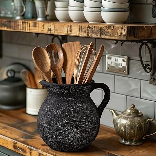 Rustic Kitchen Utensil Holder with Handle,7.48" H Ceramic Vintage Utensil Crock for Countertop, Farmhouse Kitchen Decoration Ceramic Pot for Spatulas Spoons Tongs(Classic,Antique Black Gold)