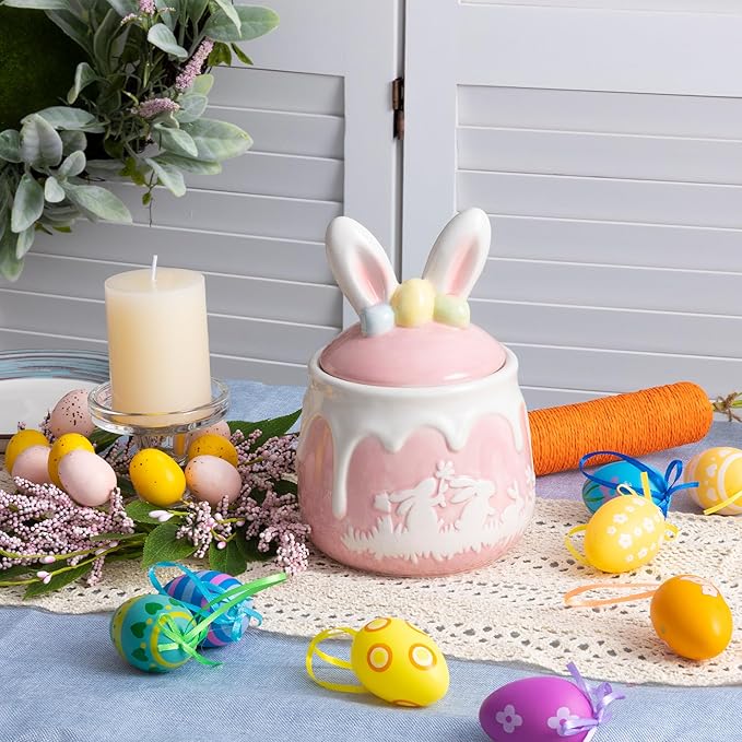 Bunny Cookie Jar, Easter Candy Jar with Lid, Embossment Bunny Decorative Ceramic Storage Container Jar, Pink and White Easter Bunny Decorations for Home Kitchen Indoor Best Easter Gift