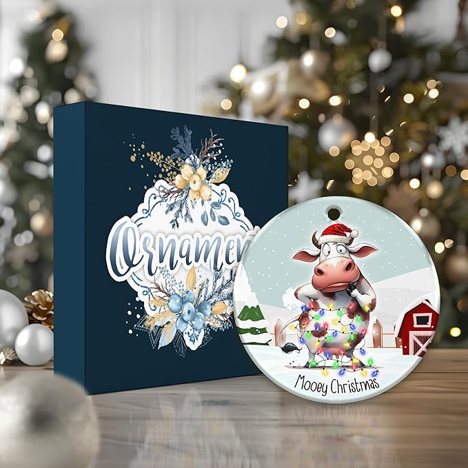 Cow Ornament 2025, Mooey Christmas – Funny Farmhouse Christmas Tree Decoration, Cute Cow Tangled in Lights, Rustic Barn Winter Scene, Ceramic Holiday Ornament for Cow Lovers, Farmers