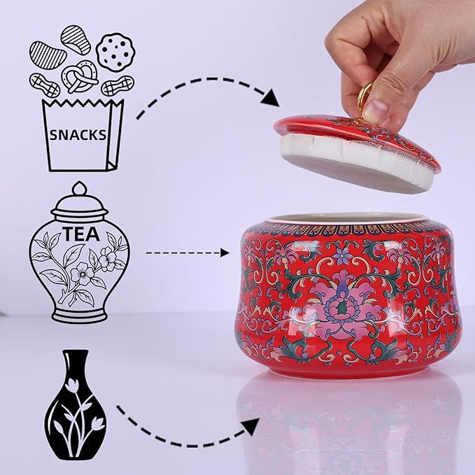Handmade Chinoiserie Enamel Ginger Jar with Lid,Decorative Storage Jar for Loose Tea,Nuts & Snacks,Ceramic Vase Style Home Decor Canister,Colorful Jar for Kitchen,Living Room (Red Jar)