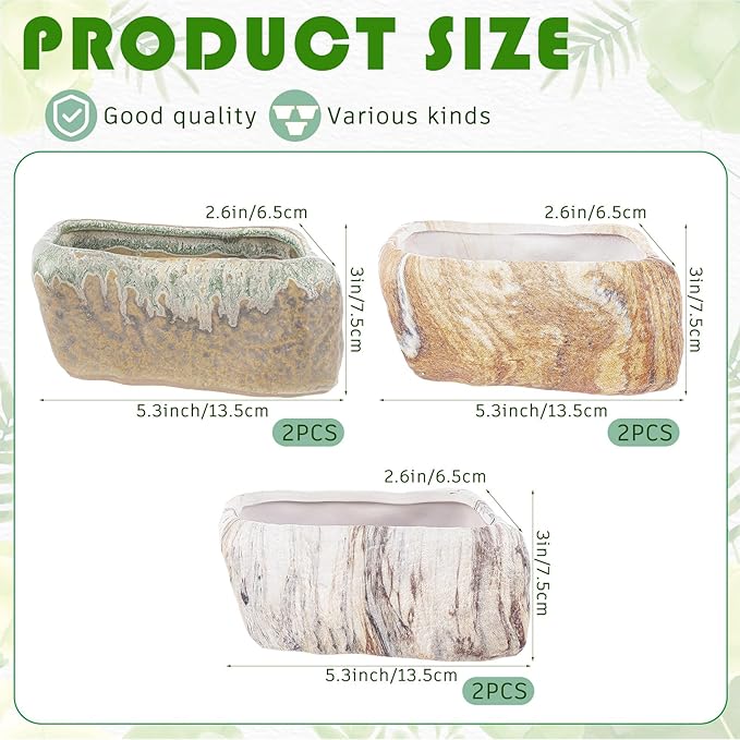 6 Pcs 5.3 Inch Ceramic Succulent Pots Stone Shape Bulk Rectangle Window Box Cactus Plant with Drainage Hole Succulent Planters Small Cactus Pots for Indoor Garden Office Table Decor Gift