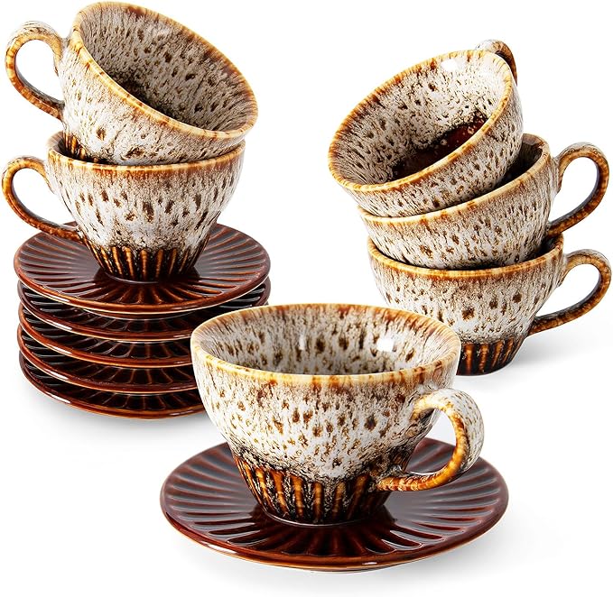 4 oz Espresso Cups Set of 6, Ceramic Cappuccino Cups with Saucers, Stackable Coffee Cup for Macchiato, Double shot, Tea, Coffee Lover Gifts, Glazed White