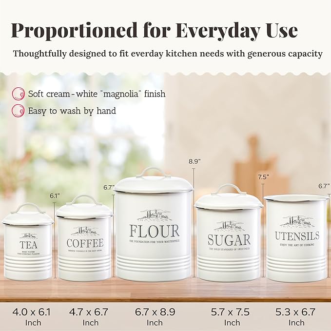 Kitchen Canisters for Countertop – 5-Piece Airtight Flour Sugar Coffee Tea Kitchen Canister Set with Utensil Holder – Sugar and Flour Containers for Kitchen Counter, Cream-White Finish