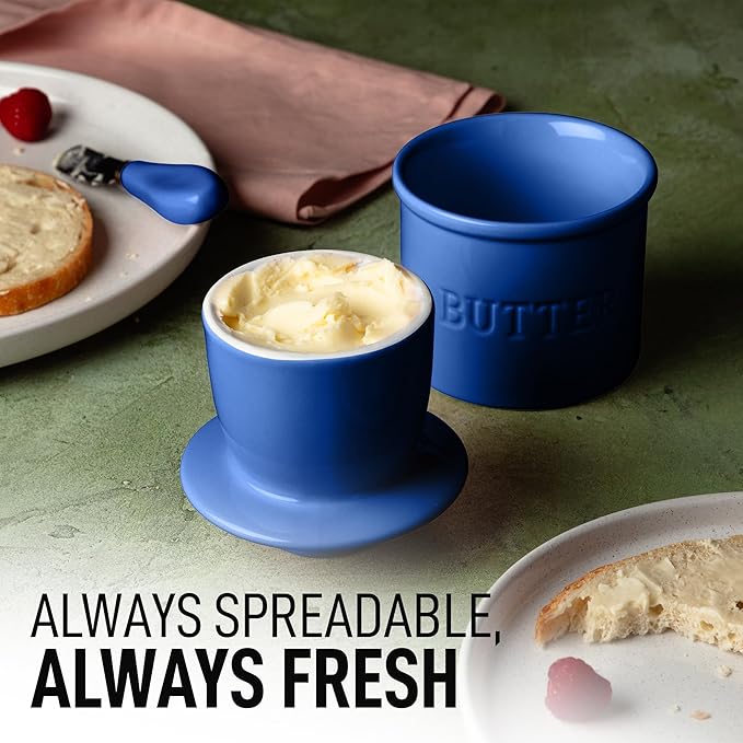 Zulay Kitchen Bell Shaped Butter Crock with Lid for Countertop with Water Line & Spreader Knife, Ceramic French Butter Dish Keeper For Fresh, Soft & Spreadable Butter - Blue