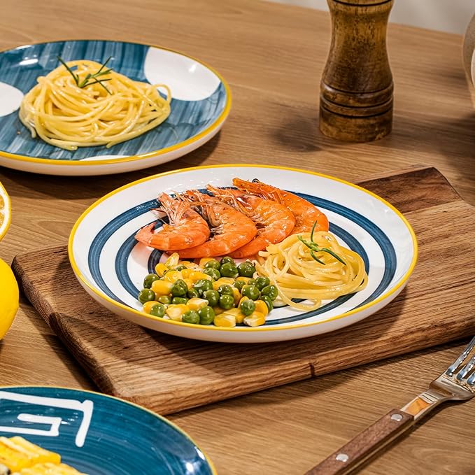 Yeacccng Japandi Dinner Plates Set of 4, 8 Inch 10 Oz Blue Striped Ceramic Plates, Shallow Salad Plates, Lead-Free Cadmium-Free, Dishwasher Microwave Oven Safe, Scratch-Resistant Serving Plates