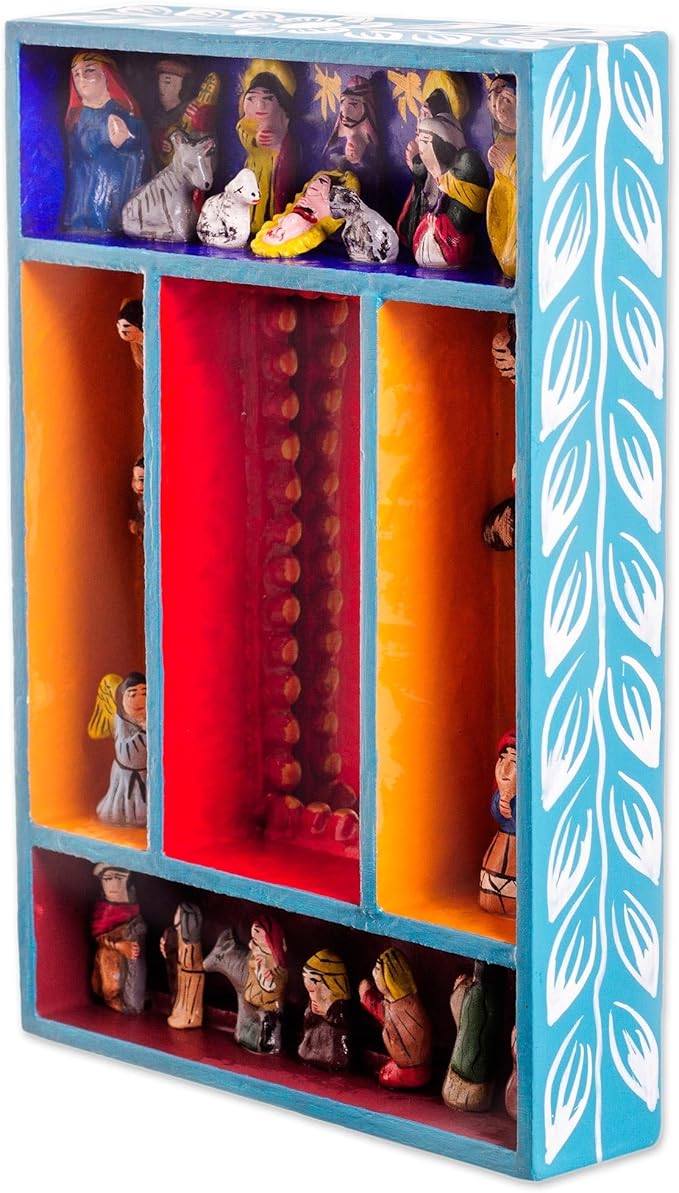 NOVICA Artisan Handmade Wood Wall Mirror Nativitythemed Ceramic from Peru Multicolor Decor Mirrors Retablos Angel Folk Art [8.25in H x 6in W x 1.4in D] ' Nativity Reflection'