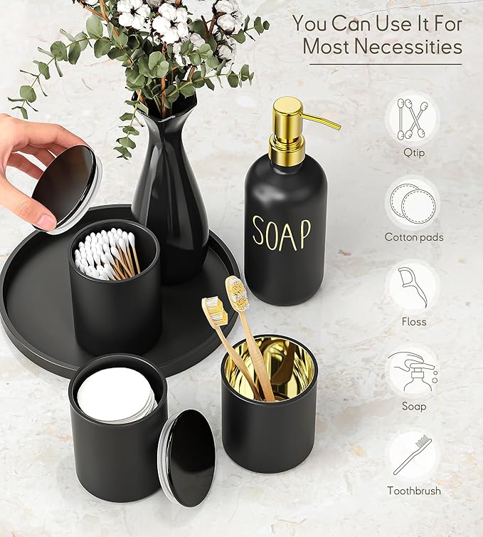 Black Bathroom Accessories Set with Tray, 6pcs Matte Black Bathroom Accessory Sets, Glass Soap Dispenser and Toothbrush Holder Set, Qtip Holder, Ceramic Flower Vase, Black Bathroom Set Decor,