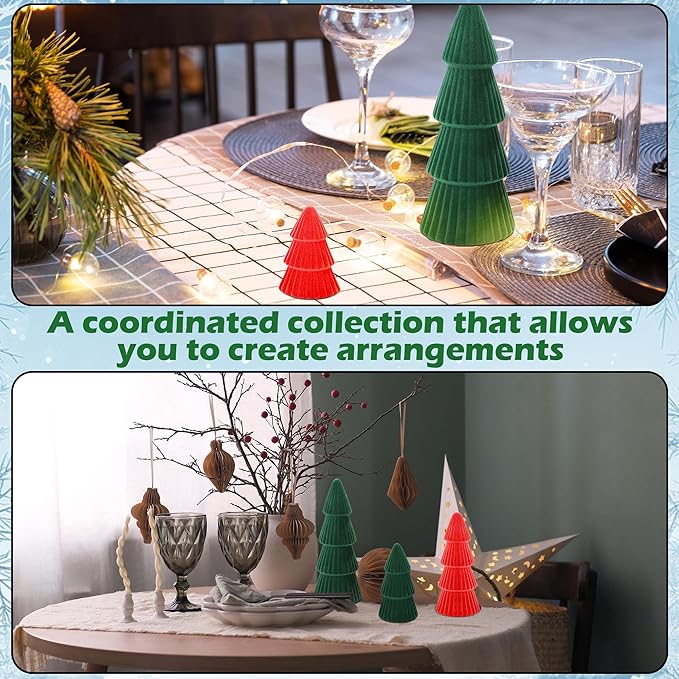 Aneco 4 Pack Velvet Ceramic Christmas Tree Christmas Indoor Decorations Modern Cone Xmas Tabletop Decor for Home Entryway Table Mantel Centerpiece Winter Holiday Party Supplies, Green, Red