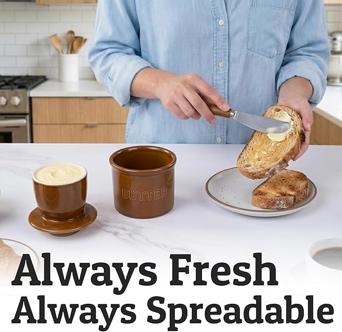 PriorityChef Butter Crock with Lid with Water Line,Ceramic French Butter Dish to Leave On Counter, Brown