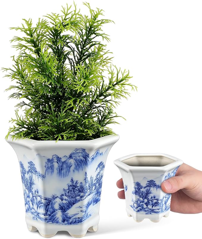 SUPVOX White Porcelain Blue and White Planter Pot for Indoor Succulents and Small Plants, Ceramic Oval Flowerpot with Traditional Chinese Pattern, Decorative Home Gardening Container