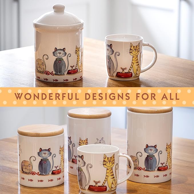 SPOTTED DOG GIFT COMPANY Ceramic Jar with Lid for Countertop, Cute Cat Treat Container, Decorative Kitchen Storage Jar for Tea Coffee Sugar, Gifts for People Who Love Cats 35oz