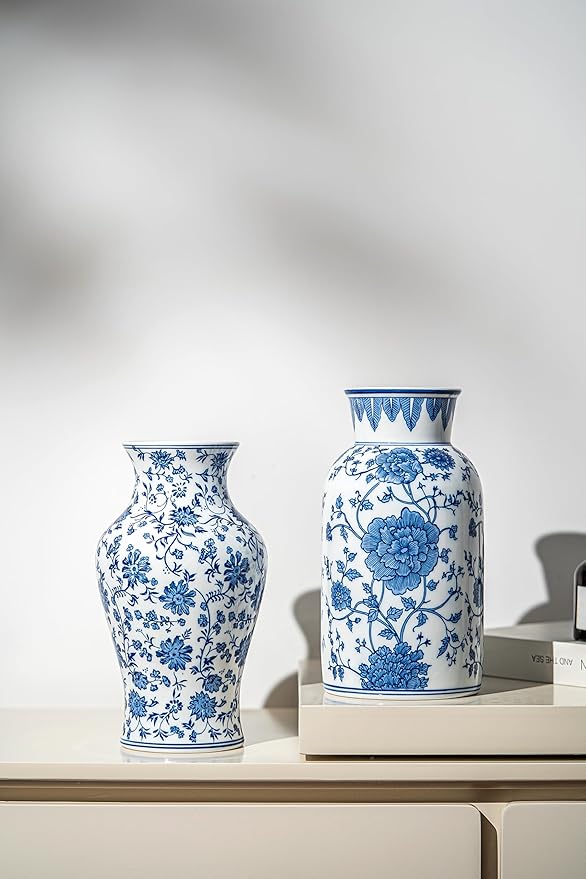 Modern Blue and White Porcelain Vase - Chinoiserie Ginger Jar for Home Decor, Floral Arrangement, 11-Inch Height Handcrafted Ceramic Vase