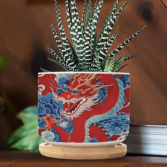 Set of 3 Chinoiserie Dragon Small Planters Ceramics Red and Auqa Dragon Ceramics Plant Pot with Drainage Bamboo Trays Japanese Asian Style Pots for Succulents Indoor