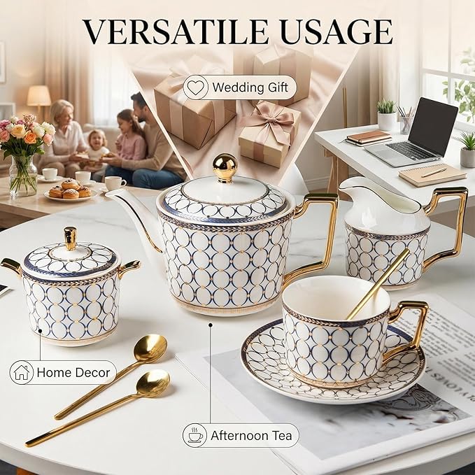CwlwGO-15 Pieces Porcelain Tea Service Set for 4, Bone China Coffee Tea Sets,Tea Cup Set with Teapot, Sugar Bowl, Creamer Pitcher And Gifts Box, Britain Tea Cups and Saucer Sets For Women,Adults.