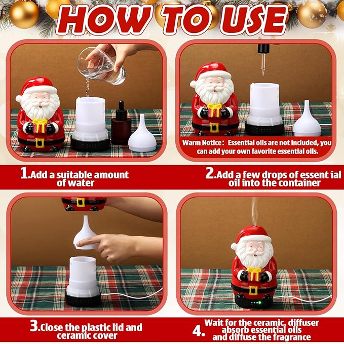 120ml Retro Santa Claus Ceramic Santa Claus Diffuser Christmas Essential Oil Diffuser Gift Holiday Present for Essential Oil Small Aromatherapy Humidifier Warmer for Home Office Decor