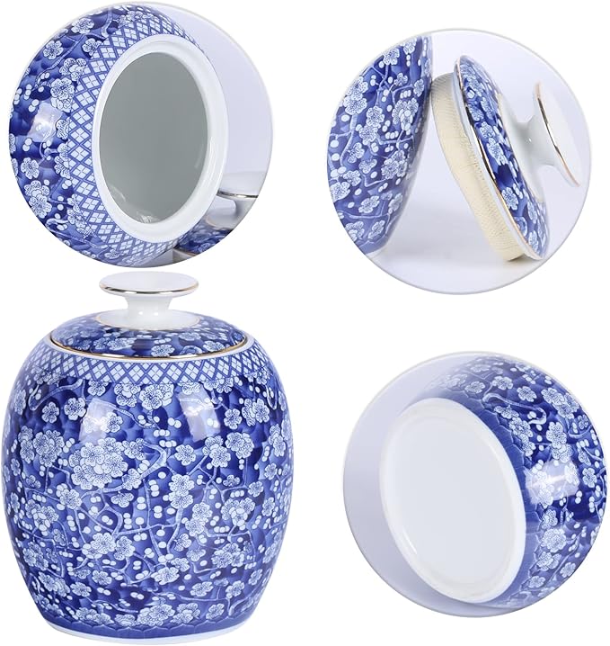 Traditional Chinoiserie Round Ginger Jars Blue and White Porcelain Series Ceramic Storage Jars with Sealed Lids,for Home/Kitchen/Dining Table Decoration (Melon Jar)