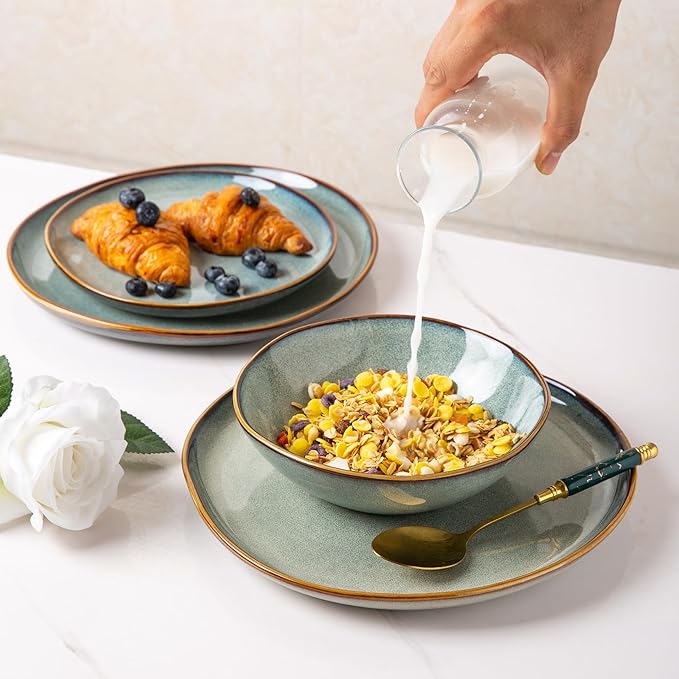 AmorArc Ceramic Dinnerware Sets,Handmade Reactive Glaze Stoneware Plates and Bowls Sets,Highly Scratch Resistant | Dishwasher & Microwave Safe Dishes Set,Service for 4 (16pc)