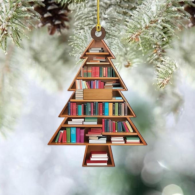 NGHYANA Wooden Christmas Tree Bookshelf Ornament 4 Inch Book Lover Holiday Decoration