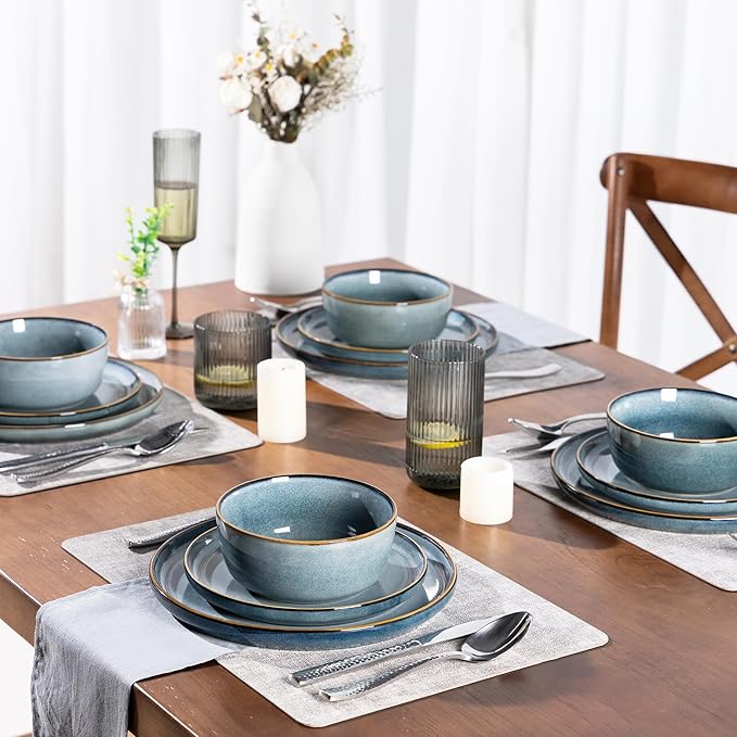 GBHOME 32 Pieces Double Bowls Ceramic Dinnerware Sets for 8, Stoneware Plates and Bowls Set with Reactive Glaze, Scratch Resistant Stoneware Dishes Set, Dishwasher & Microwave Safe