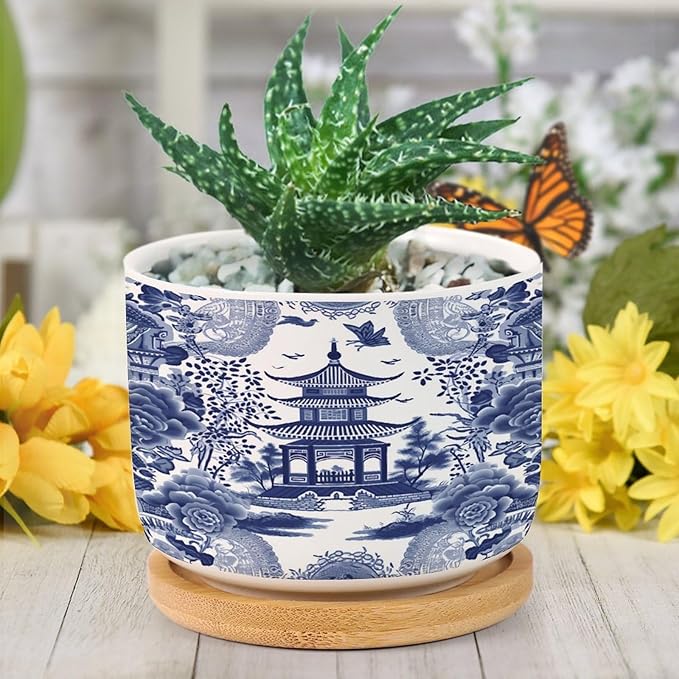 Chinoiserie Blue Asian Planters Ceramic Chinoiserie Chic Asian Round Plant Pots with Drainage Holes and Bamboo Tray Pot for Succulents Cactus Garden Windowsill