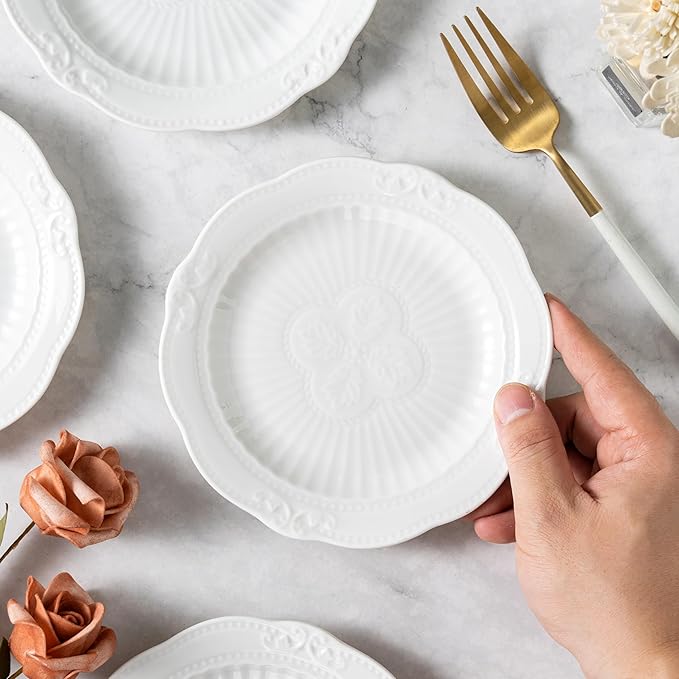 White Small Dessert Plates Set of 4,Ceramic Dinner Dishes 6 Inch for Appetizer, Fruits, Cake, Salad,Microwave Safe,Christmas Gift